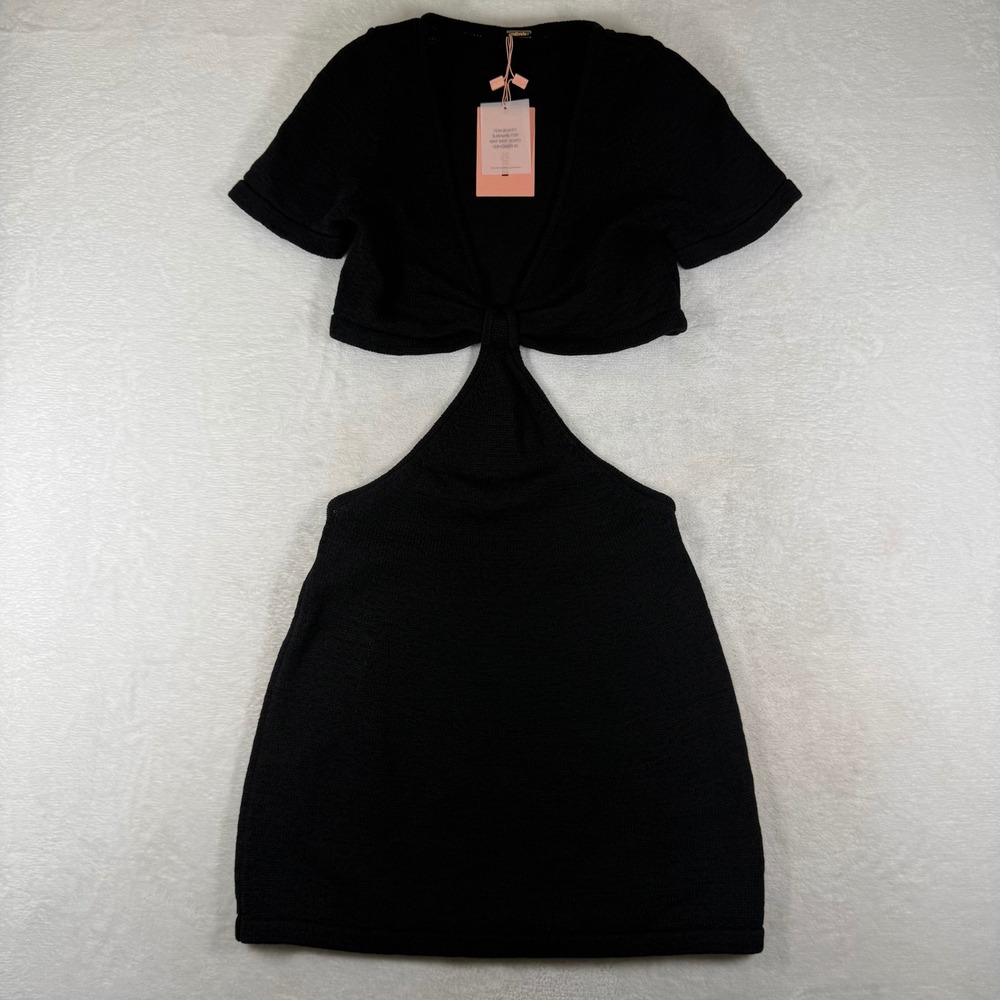 Cult Gaia Billie Black Knit Front Knot Cutout Mini Dress Womens L NWT KD1074YN